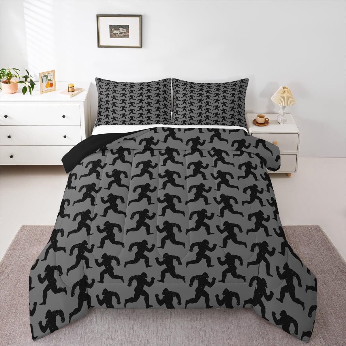 Feelyou Foot Print Sasquatch Bedding Set Queen Size for Men Women Teens Kids Orangutan Hunting Vintage Comforter Set Boys Hunter Grey Black Duvet Quilt Wild Home Decor