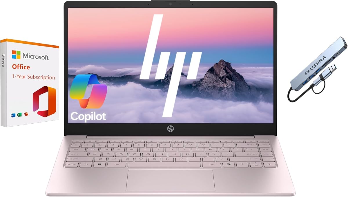 HP 14" Business Laptop Computer with 1-Year Office 365, Intel Quad-Core N150 Processor, 640GB Storage (128GB UFS+512GB Docking Set), 16GB RAM, Windows 11 Home, Tranquil Pink