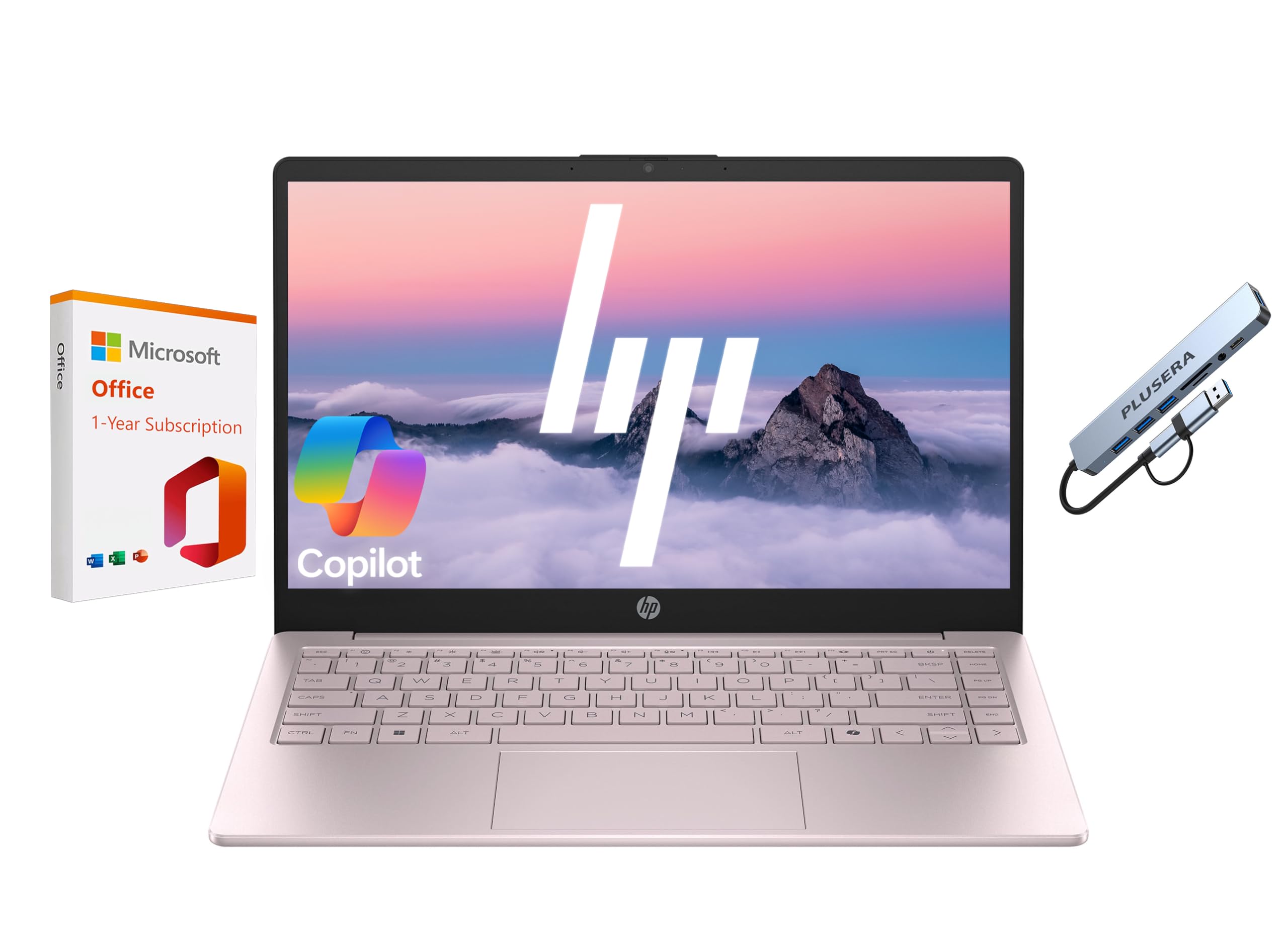 HP 14" Business Laptop Computer with 1-Year Office 365, Intel Quad-Core N150 Processor, 640GB Storage (128GB UFS+512GB Docking Set), 16GB RAM, Windows 11 Home, Tranquil Pink Tranquil Pink 16GB RAM