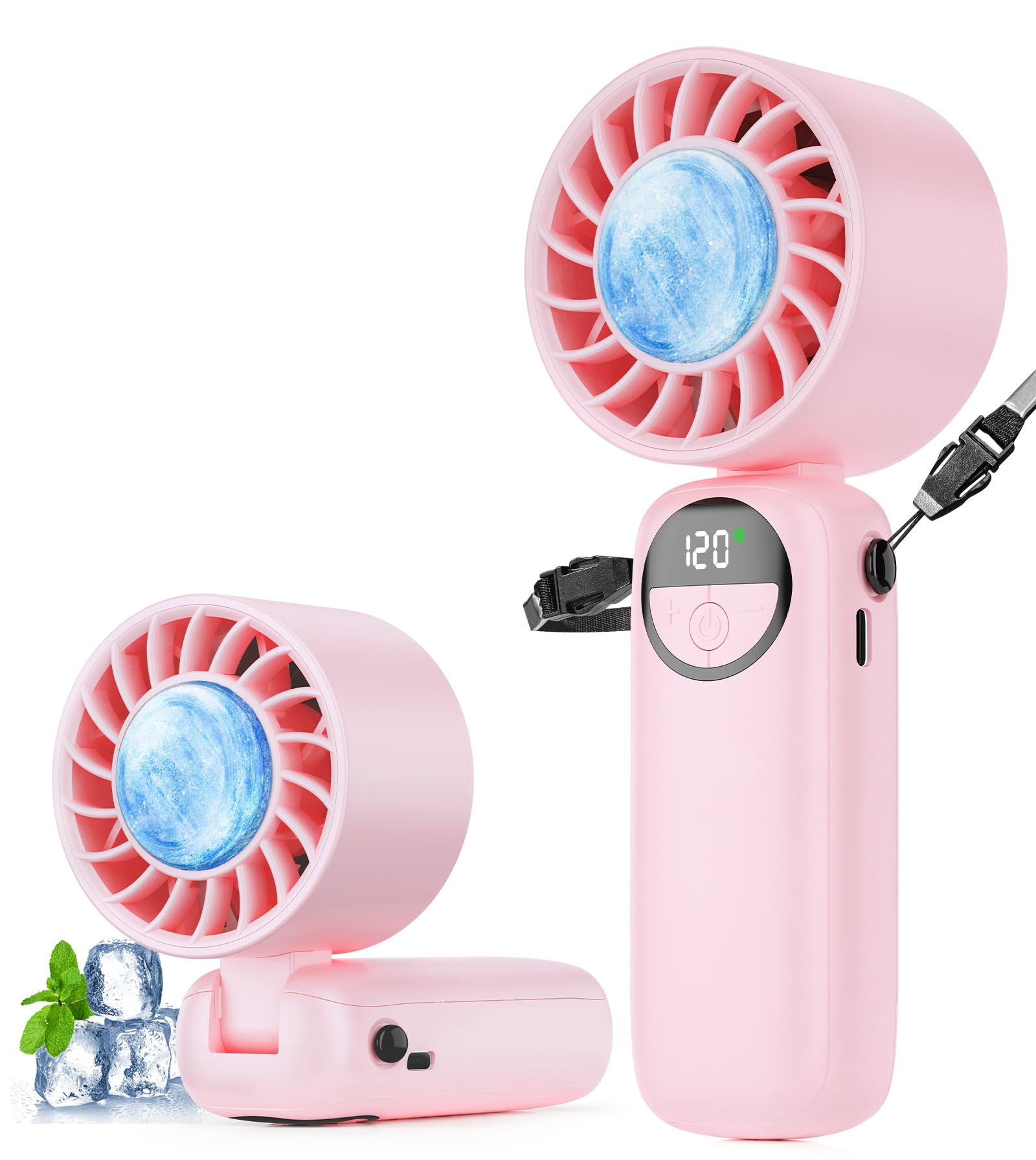 Portable Handheld Fan, 4000mAh High Speed Hand Held Turbo Fan (16800RPM) with Ice Cooler,120 Wind Gear, LED Display, 90°Foldable, Up to 22 Hrs, Rechargeable USB Face Fan for Travel,Outdoor,Home,Office