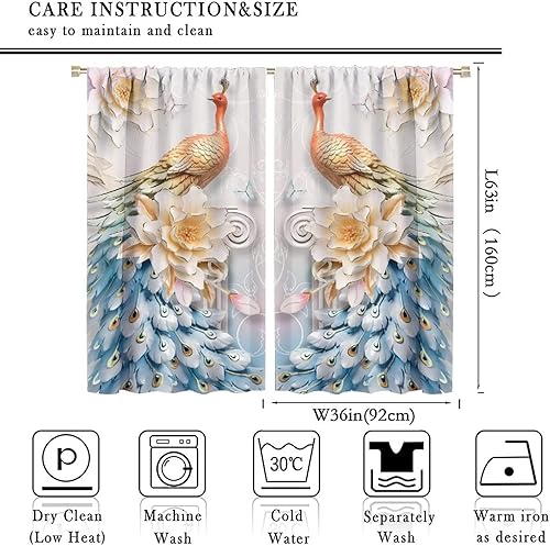 Miniatura 115 de Cortina opaca con estampado de pavo real, con estampado de animales retro, con bolsillo para cortinero y flores de peonía doradas, para dormitorio,