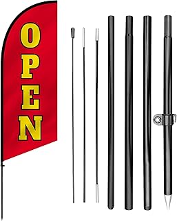 Anley 7.5 FT Open Feather Flag Banner Kit - Outdoor Swooper Advertising Flags with Pole and Stake – Open Sign for Storefront, Business Promotion, Events, Trade Shows – Weather Resistant & Easy Setup