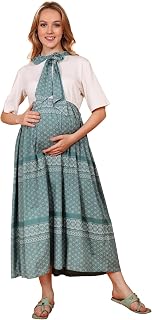 GRAVIDANZA9 Women's Green Stretchable Cotton Jersey Maternity Dress – Concealed Nursing Zip and Bow Belt (Pack of 1) Price In India