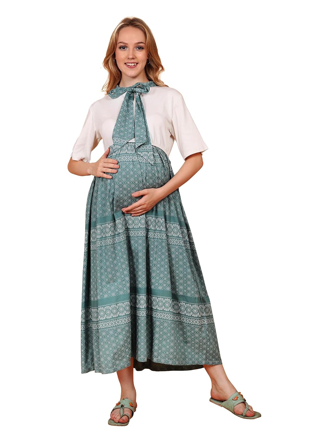 GRAVIDANZA9 Women's Green Stretchable Cotton Jersey Maternity Dress – Concealed Nursing Zip and Bow Belt (Pack of 1)