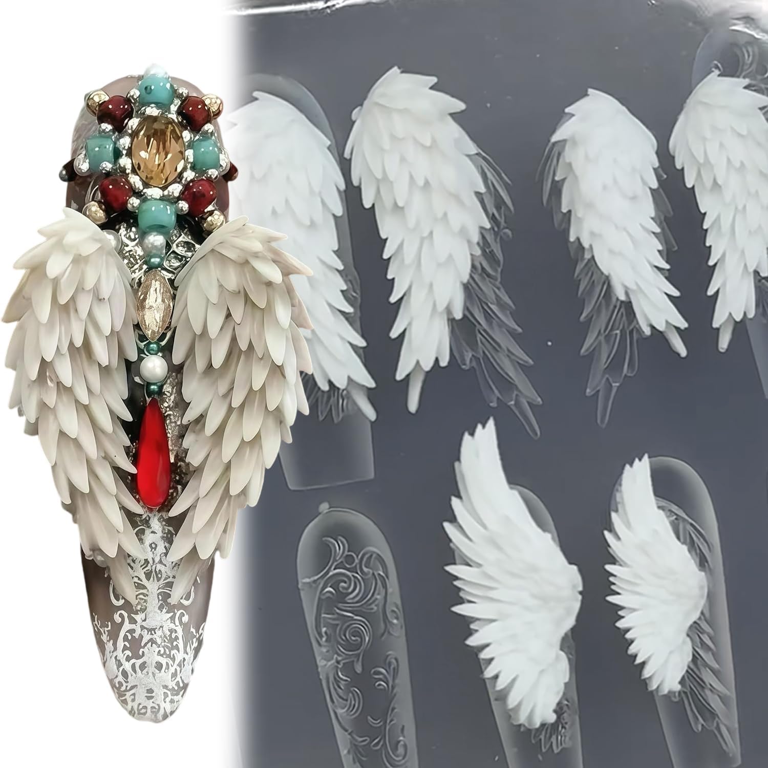 1 Pcs Nail Art Silicone Mold 3D Eagle Wings Design Nails Molds Reusable Fashionable Clear Manicure Template DIY Charms Nail Art Molds 3D Silicone for Gel Wings Embossing Nail Mold for Women
