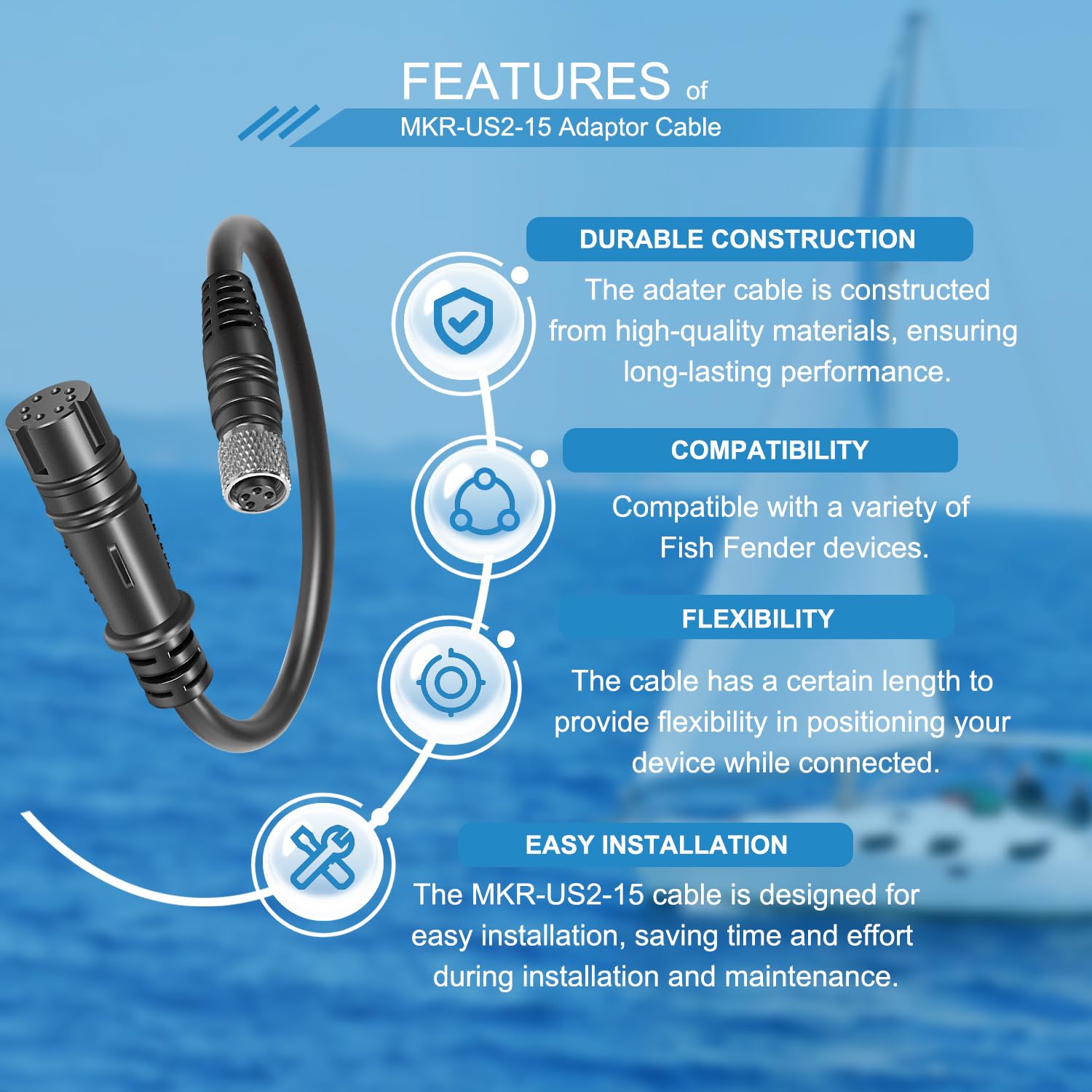 1852075 MKR-US2-15 Adapter Cable for Lowrance Hook2 Universal Sonar 2, for Hook Reveal (8-pin)