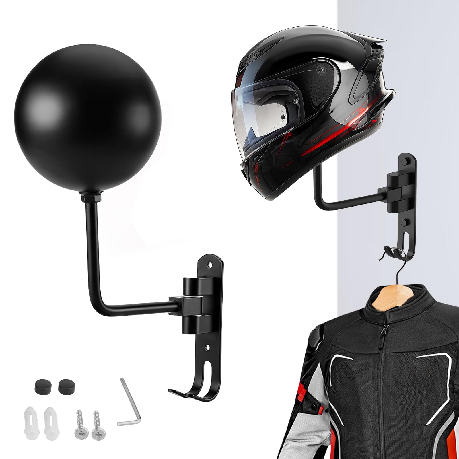 Twilight Garage Black Motorcycle Helmet Rack, Helmet Holder For Bike 180 Degree Rotation Helmet Rack Motorcycle With 2 Hooks For Caps, Coats, Wig, Baseballs And Rugby Helmet