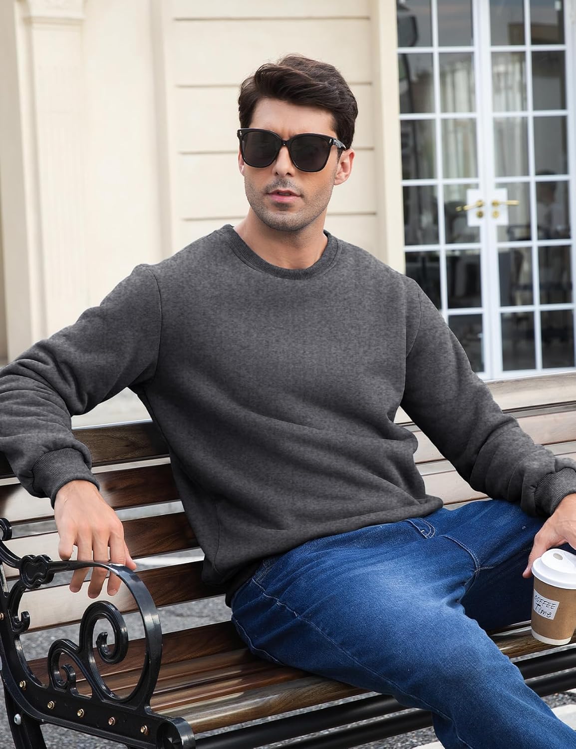 Flygo Men's Sherpa Lined Sweatshirts Fleece Pullover Top Cotton Crew Neck Sweatshirt Warm Sweater Winter Clothes - Image 3