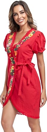 YZXDORWJ Womens Mexican Floral Embroidered Wrap Dress V Neck Short Sleeve Boho Beach Dress