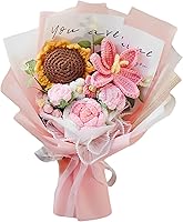 LOEVEN Handmade Crochet Flower Bouquet - Pink Sunflower, Tulip Roses Carnations - Allergy-Safe Eternal Blooms for Mother's Day, Birthdays