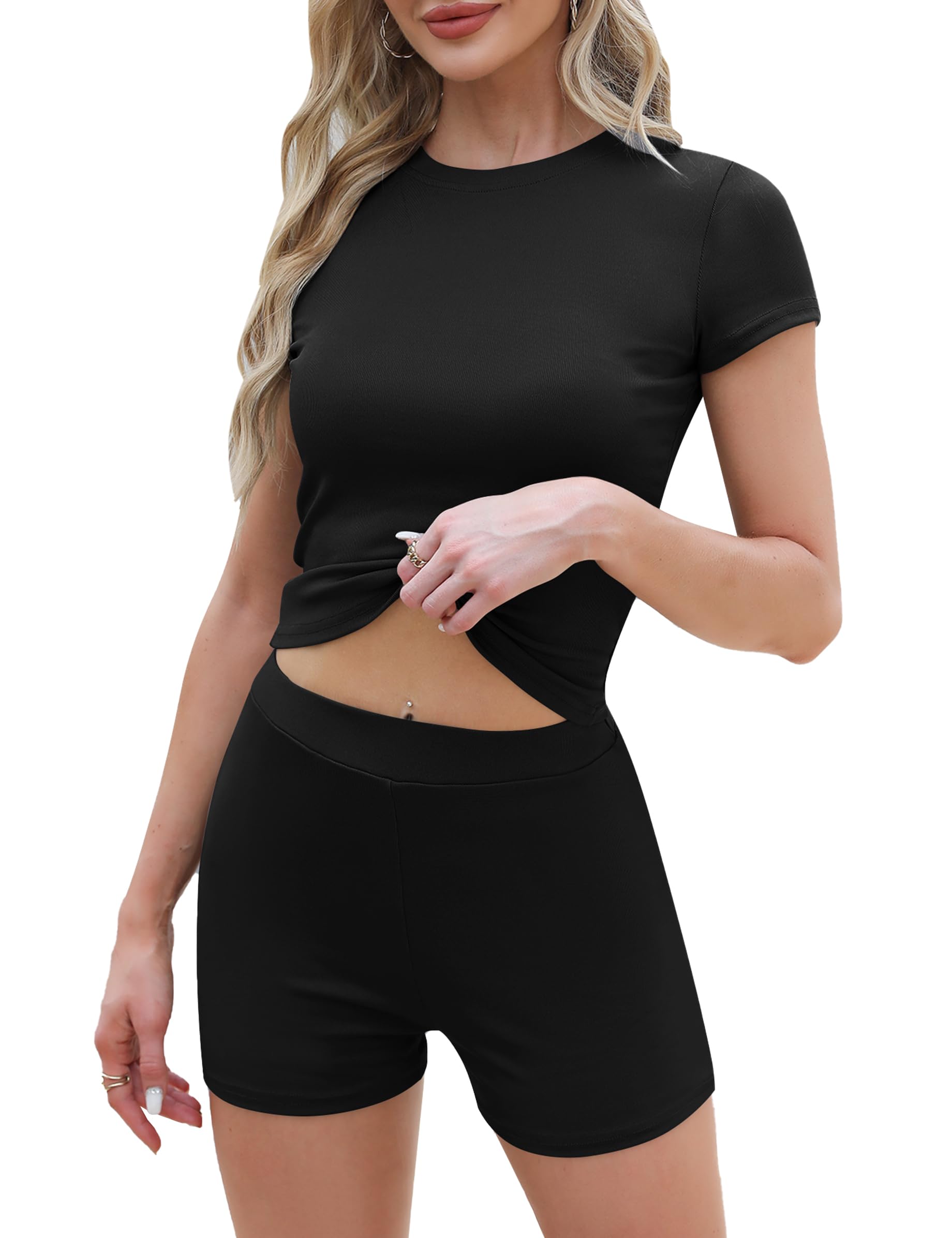 Migcaput Y2k - Conjunto de 2 piezas de pantalones cortos ajustados acanalados de manga corta ajustada, pantalones cortos ajustados para entrenamiento y correr