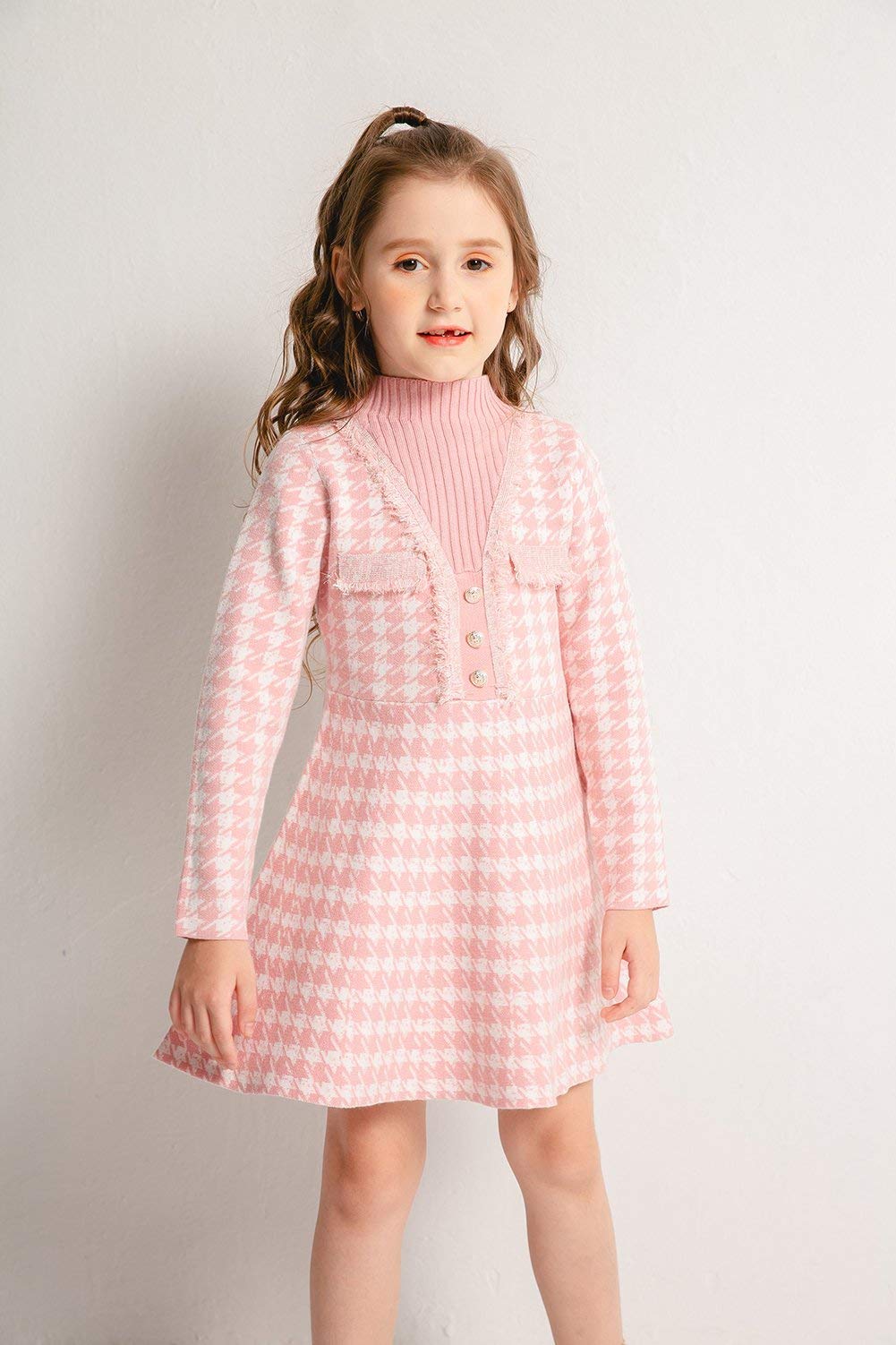 SMILING PINKER Vestido de manga larga para niñas, vestido de punto de pata de gallo para invierno, cuello alto
