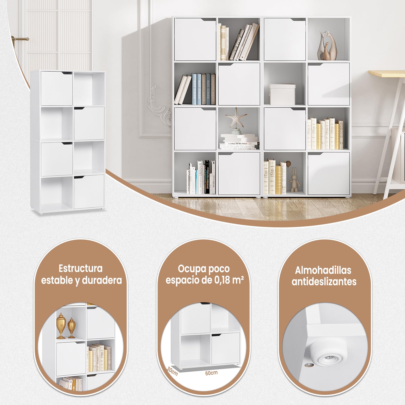 WOLTU Estanteria para Libros de 8 Cubos, Libreria de Cubos de Almacenamiento con Puertas, para Estudio, Dormitorio y Salon, Biblioteca Blanca, 60x30x120 cm, SK039ws