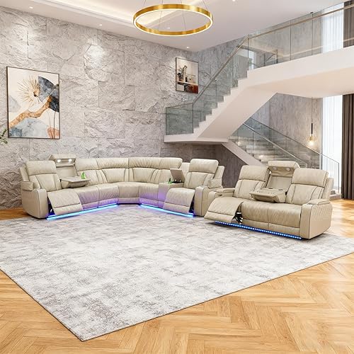 Miniatura 35 de Juego de sofá modular reclinable eléctrico para sala de estar, juego de sofá reclinable de cuero con luces LED / almacenamiento oculto, sofá en