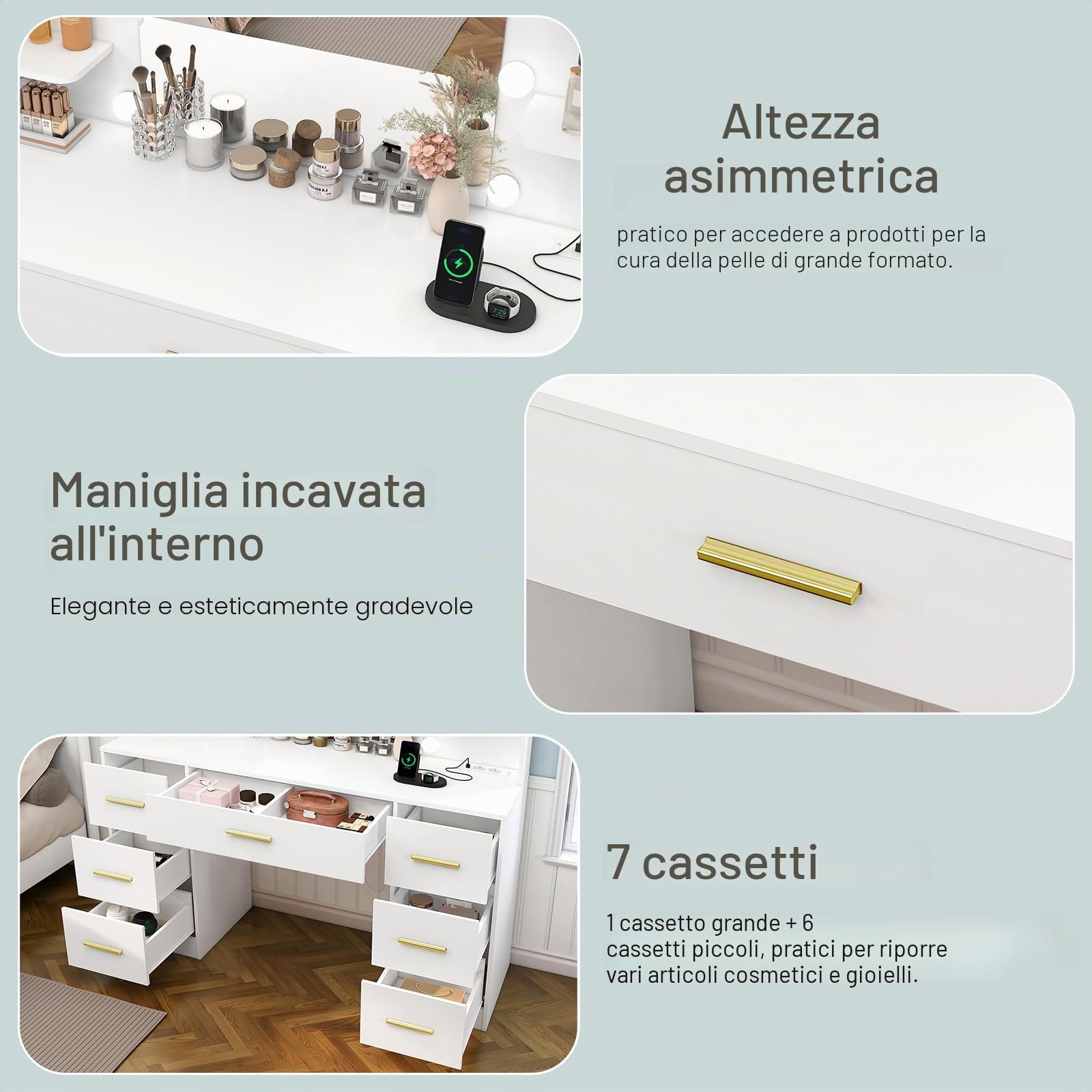 TEENFON Toeletta Trucco con Luci e Prese a Led Regolabili, Toletta con Grande Specchio, Tavolo da Trucco con 7 Cassetti, 4 Ripiani Aperti e 5 Ganci per Gioielli per la Camera da Letto, Bianco