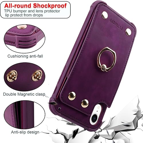 Miniatura 4 de Funda tipo cartera para iPhone XR10R con tarjetero de crédito, funda protectora de cuero a prueba de golpes compatible con anillo de rotación de 360