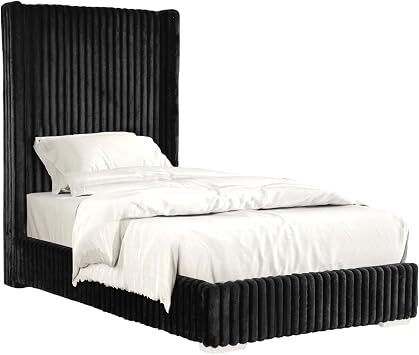 Furniture of America Plutforn Modern Wood 45-inch Twin Platform Bed with Fur Chenille Fabric, No Box Spring Required for Bedroom, Guest Room, Black