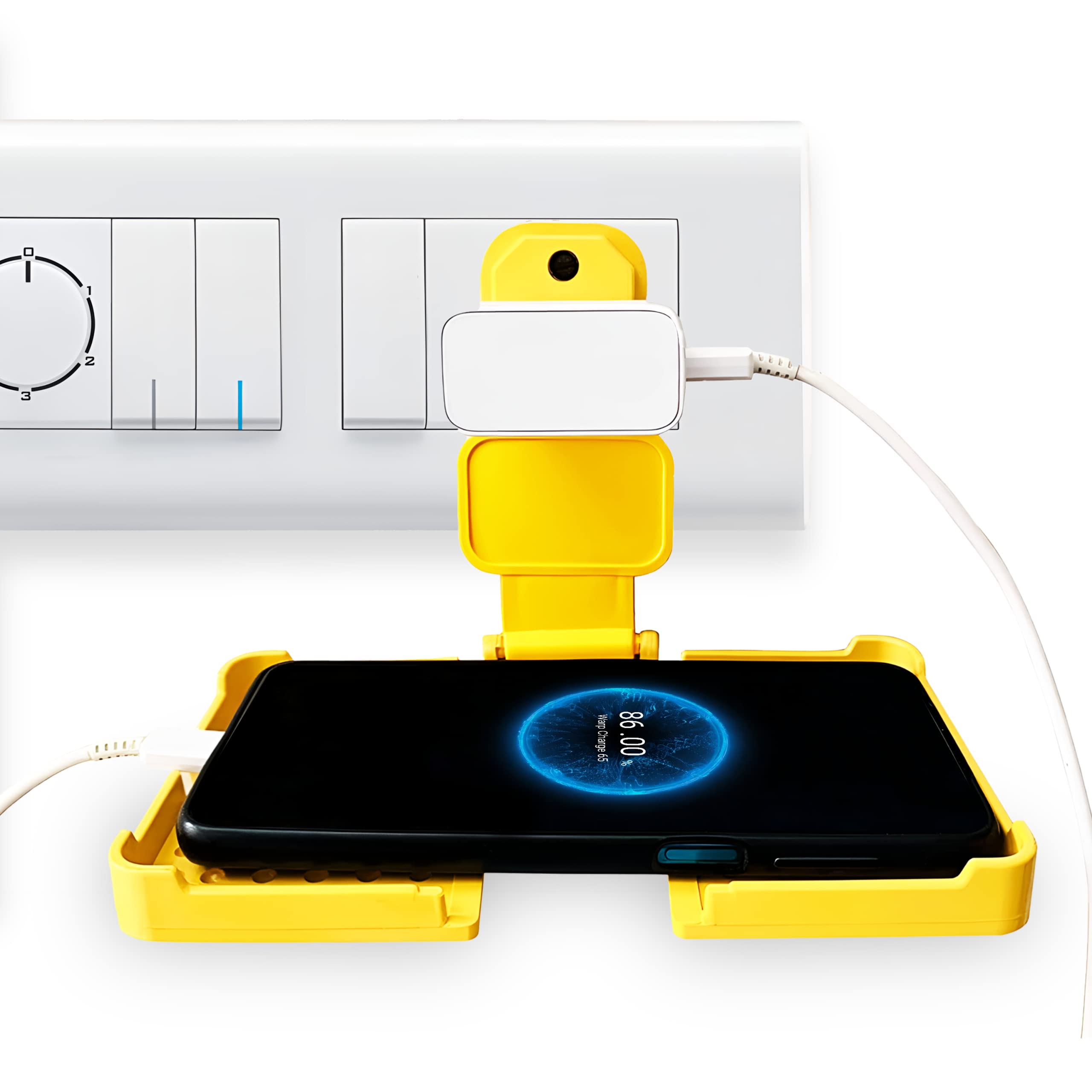 Oblivion Mobile Charging Stand for Wall - Plastic Phone Holder | Smartphone Holding Stands | Fits Perfectly in Socket with Adjustable Hanging, Home & Office Organizer (Yellow)