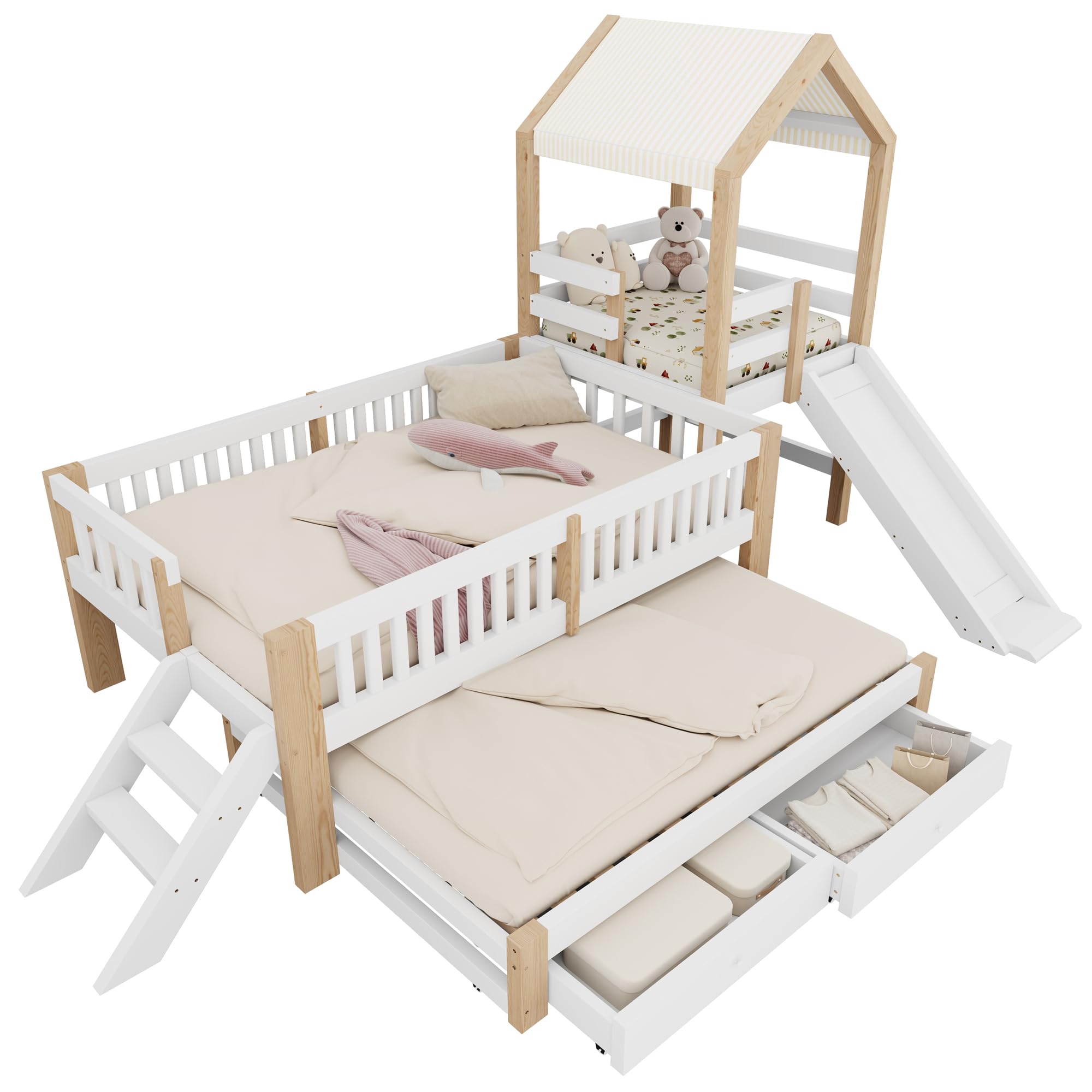 Haus-Kinderbett 90 * 200, Rutsche, Ausziehbett 90 * 190, seitliche Treppe, Schubladen, Massivholzrahmen, Stoffdach, Weiß + Rohholzfarben, Weiß+Natur(ohne Matratze)