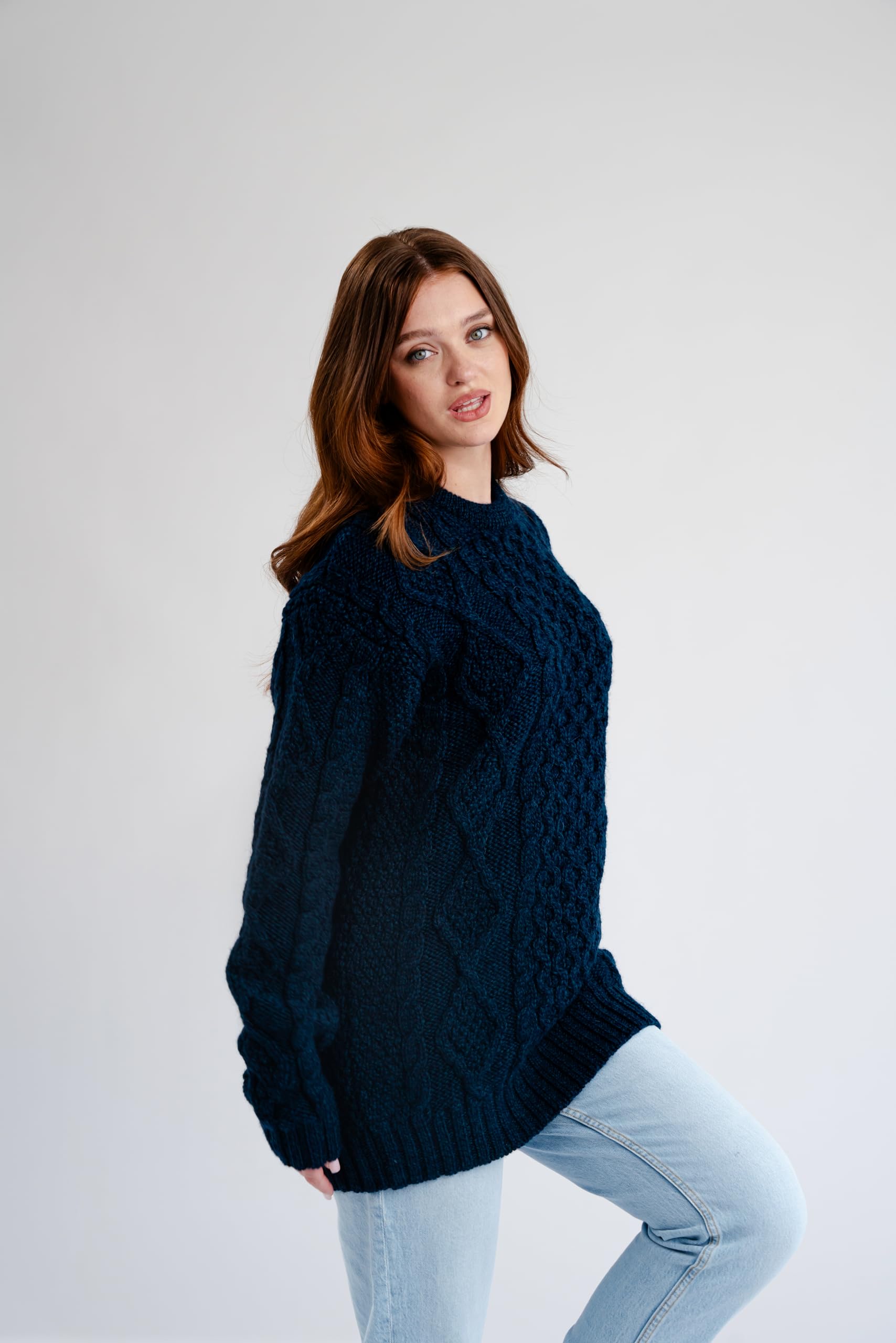 Maglione da donna in lana lavorata a maglia a trecce, 100% lana vergine, prodotto in Irlanda