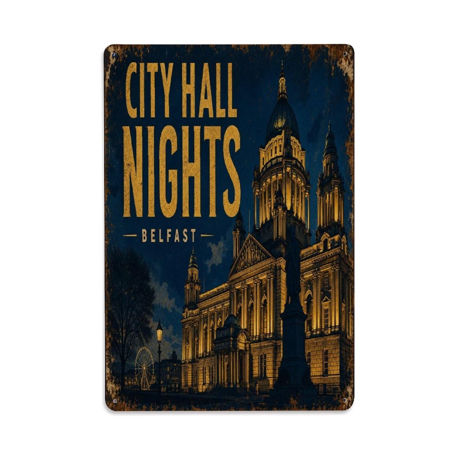 Belfast City Hall Retro Civic Landmark Ireland Travel Metal Tin Sign Plaque Wall Decor for Cafe, Man Cave, Club Bar, Office, Home Garden Round Metal Poster 8x12Inch