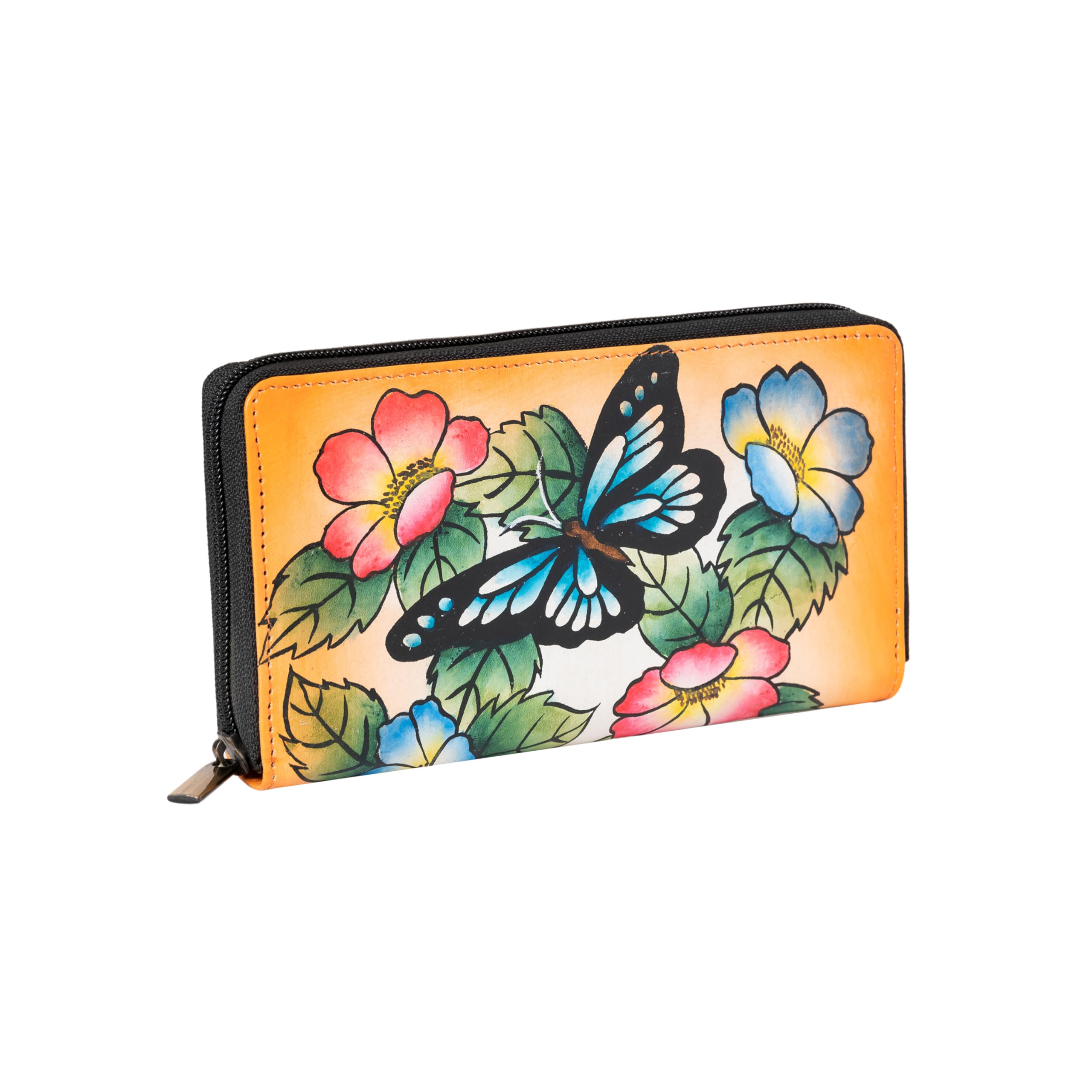 Hand Painted Leather Zip Around Clutch Wallet (Butter Fly, Mustard)-image-29
