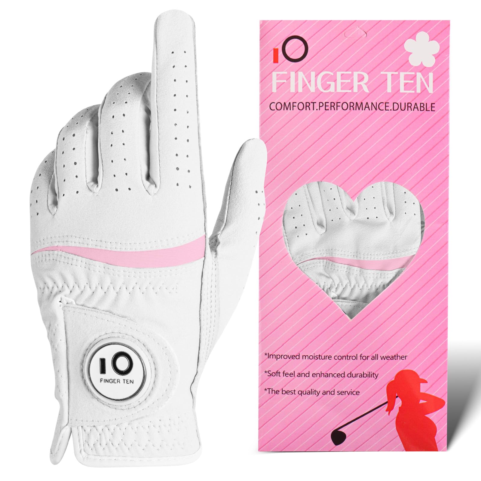 Premium Soft Women's Golf Gloves with Magnetic Ball Marker 1 Pack, Breathable Leather Gloves with All Weather Enhanced Grip, Fit for Left & Right Handed Golfers (White, S (Worn on Left Hand))