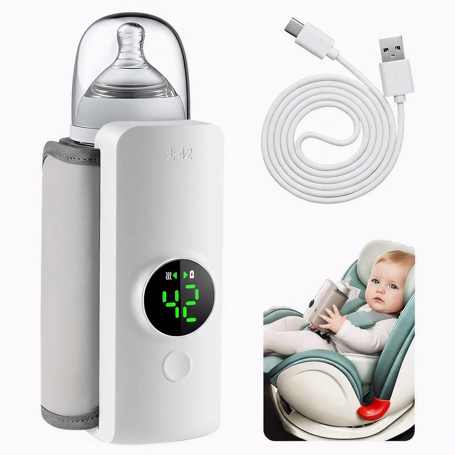 Portable Baby Bottle Warmer with Digital Temperature Display | USB Rechargeable Milk Warmer for Breast Milk & Formula | Adjustable 37°C–55°C Heating | Travel-Friendly Bottle Heater for Infants & Toddlers (White)-image-9