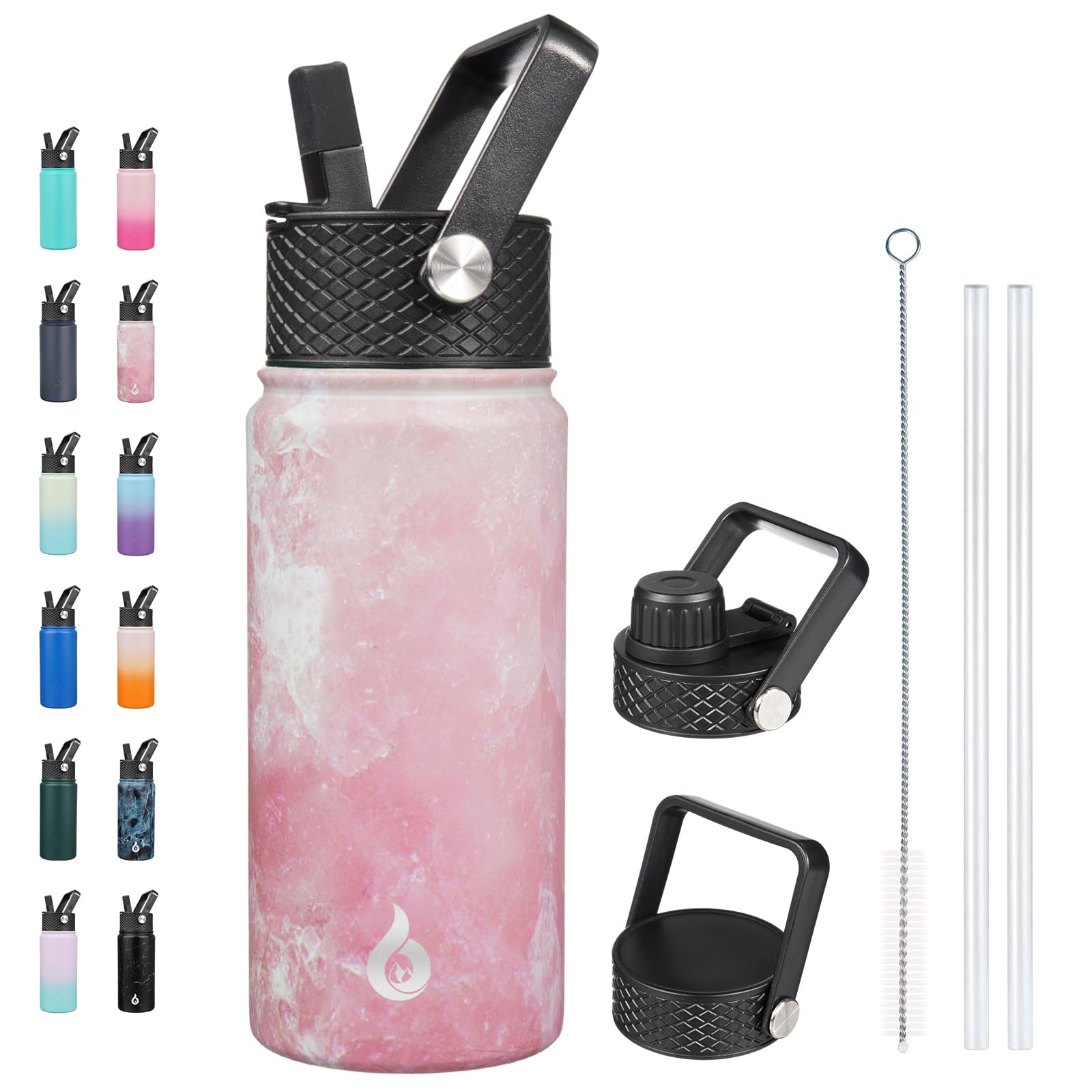 BJPKPK Insulated Water Bottles with Straw Lid, 18oz Stainless Steel Metal Water Bottle, Cold Hot Thermo with 3 Lids, Leak Proof BPA Free Travel Cup,