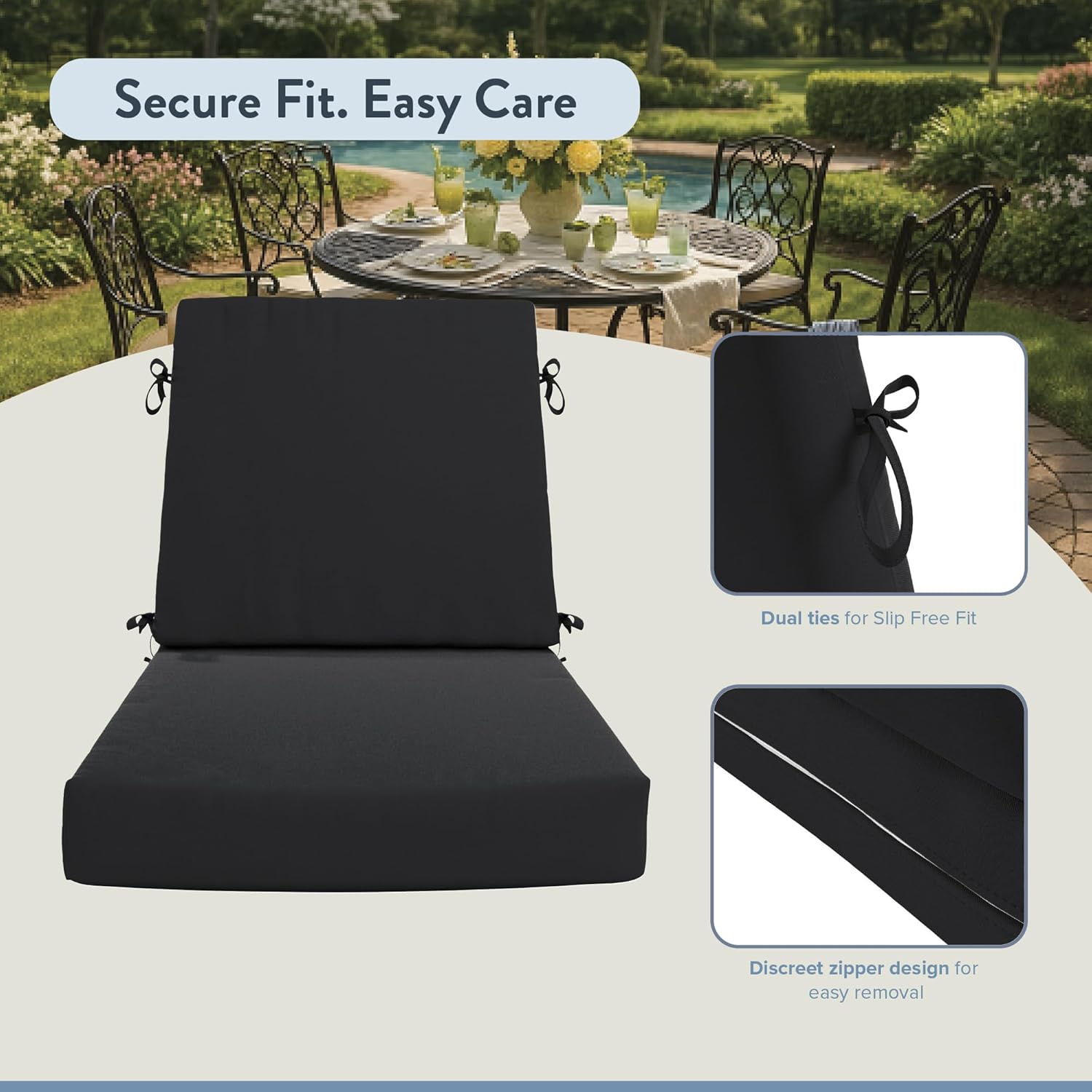 California Umbrella Outdoor Dining Chair, Patio Seat Cushion, 20 x 40 Inch, Premium Outdoor Memory Foam, Fade Resistant Sunbrella Fabric, Fabric Ties,Black