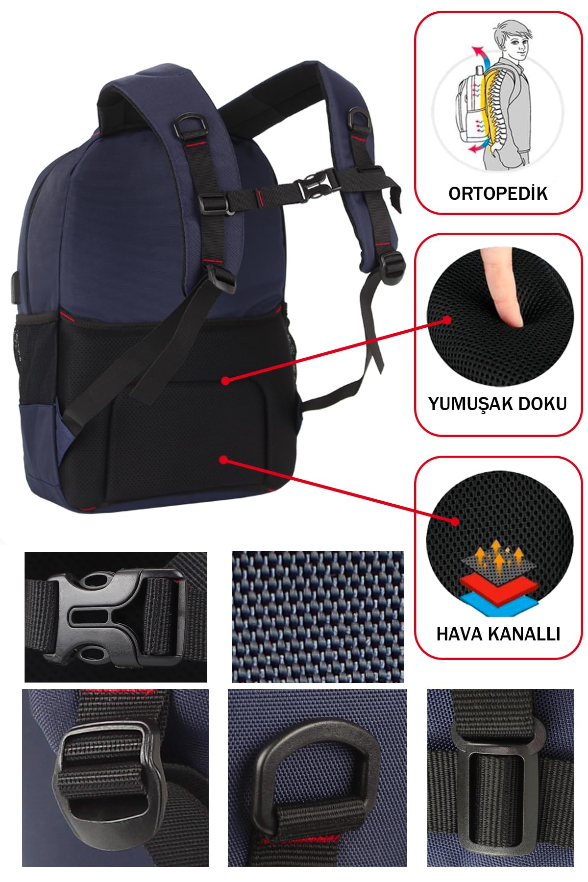 Dada 03 Laptop Dizüstü Bilgisayar Çantası 14"-15,6" inç Ortaokul Lise Üniversite Okul Çantası Unisex Gündelik Kadın Erkek Sırt Çantası Usb Type-C Aparat Darbe Emici Koruma Su Geçirmez Kumaş (Lacivert)