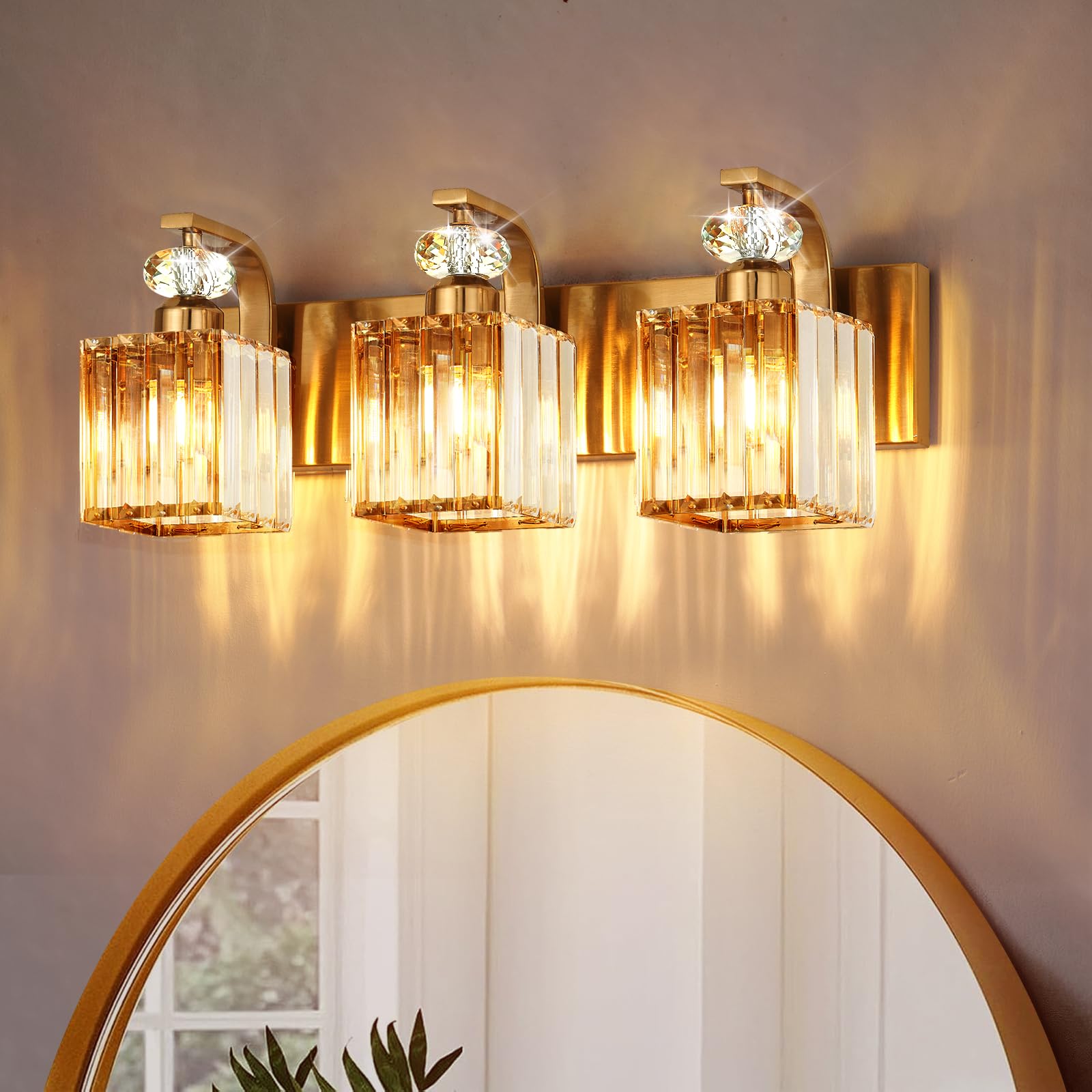 Modern Bathroom Vanity Light, 3-Light Gold Bathroom Lighting Fixtures Over Mirror, 20.5" Crystal Wall Light Sconce for Bathroom/Bedroom/Vanity, Includes LED Bulbs, Easy Installation