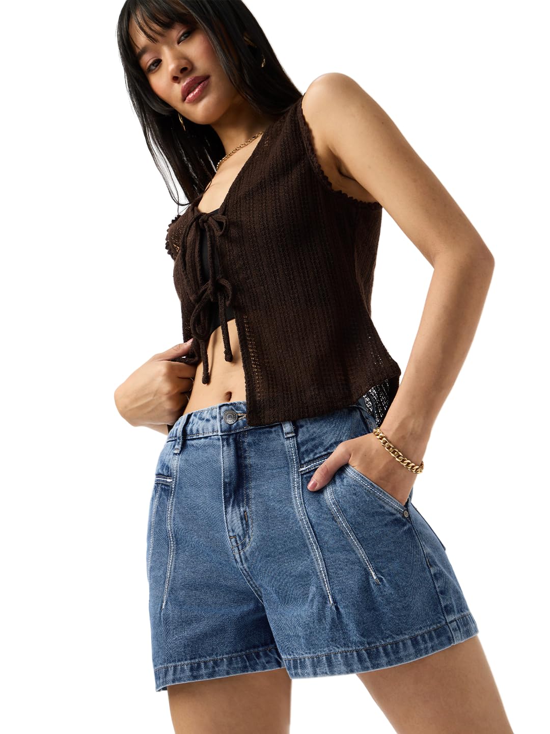 the souled store Denim Shorts: Arctic Women and Girls Buttoned Waistband Medium Blue Wash Solid Cotton Regular Fit Stone-Washed Pintuck Everyday Lightweight Denim Shorts-picture-24