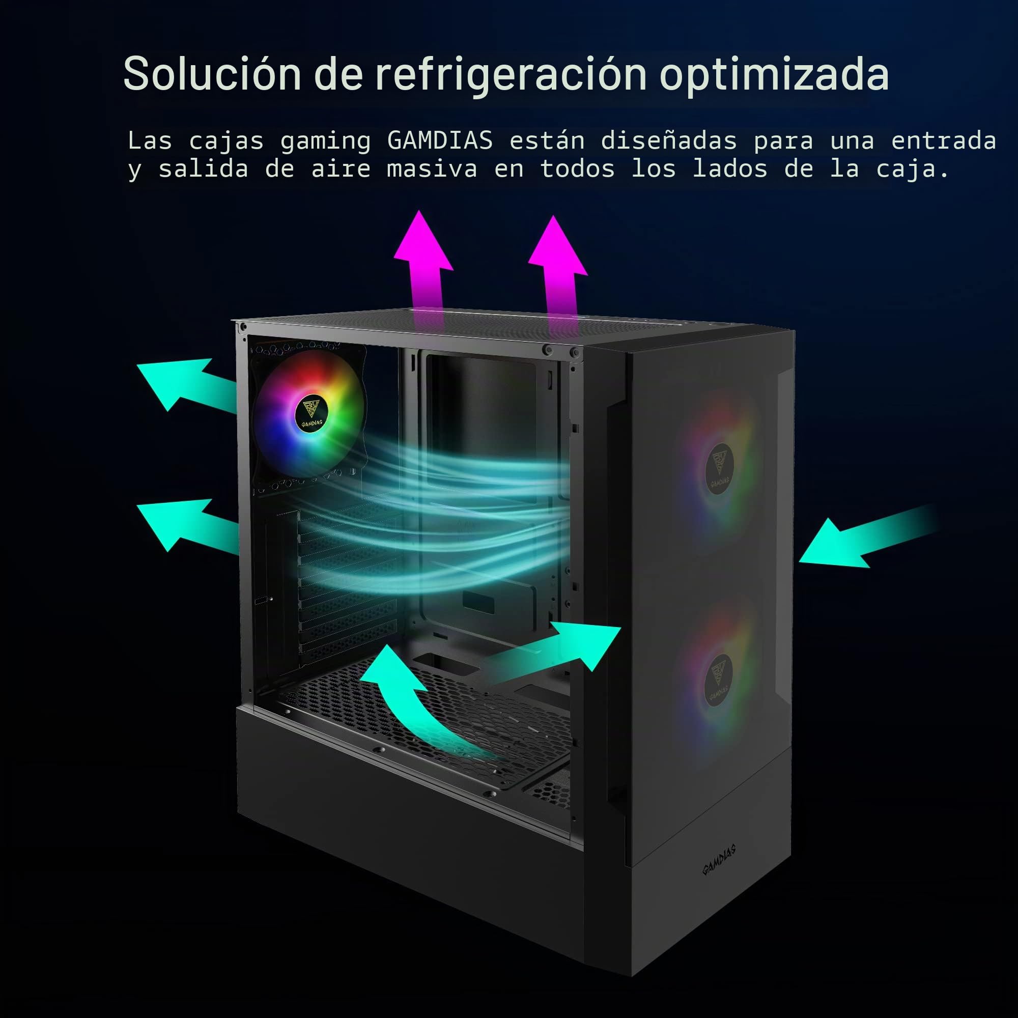 GAMDIAS TALOS E3 Caja para PC ATX Mid Torre, 3 Ventiladores ARGB 120 mm, Panel Vidrio Templado sin Herramientas, Soporte ATX, Diseño con Cubierta de PSU, Negro