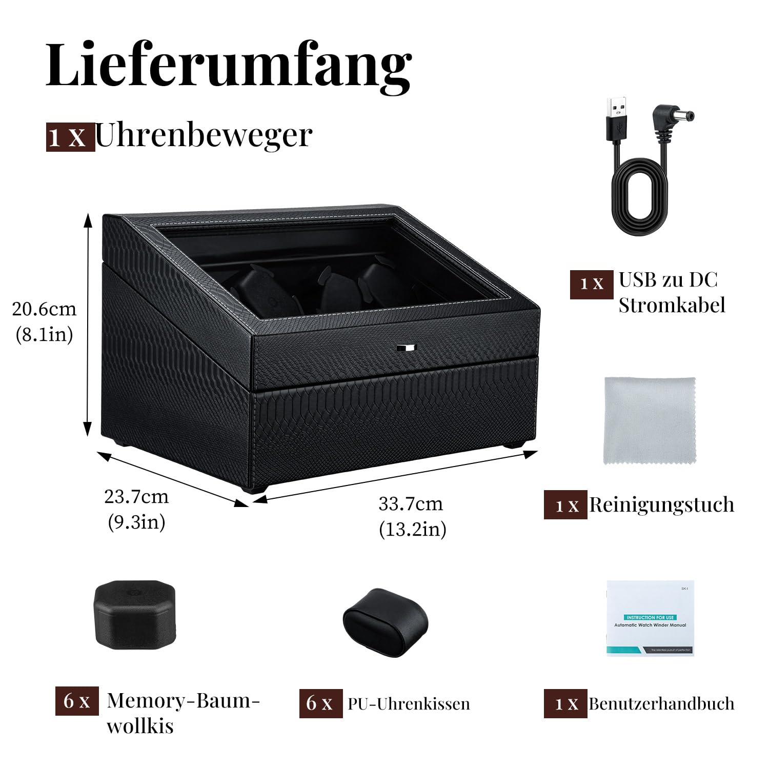 Mcbazel Automatische Uhrenbeweger 6 Uhren + 6 Gitter Aufbewahrung mit LED-Licht, Watch Winder Uhrenwinder Leiser Motor 4 Rotationsmodi, USB DC betrieben, Unabhängige Steuerung für Drehteller