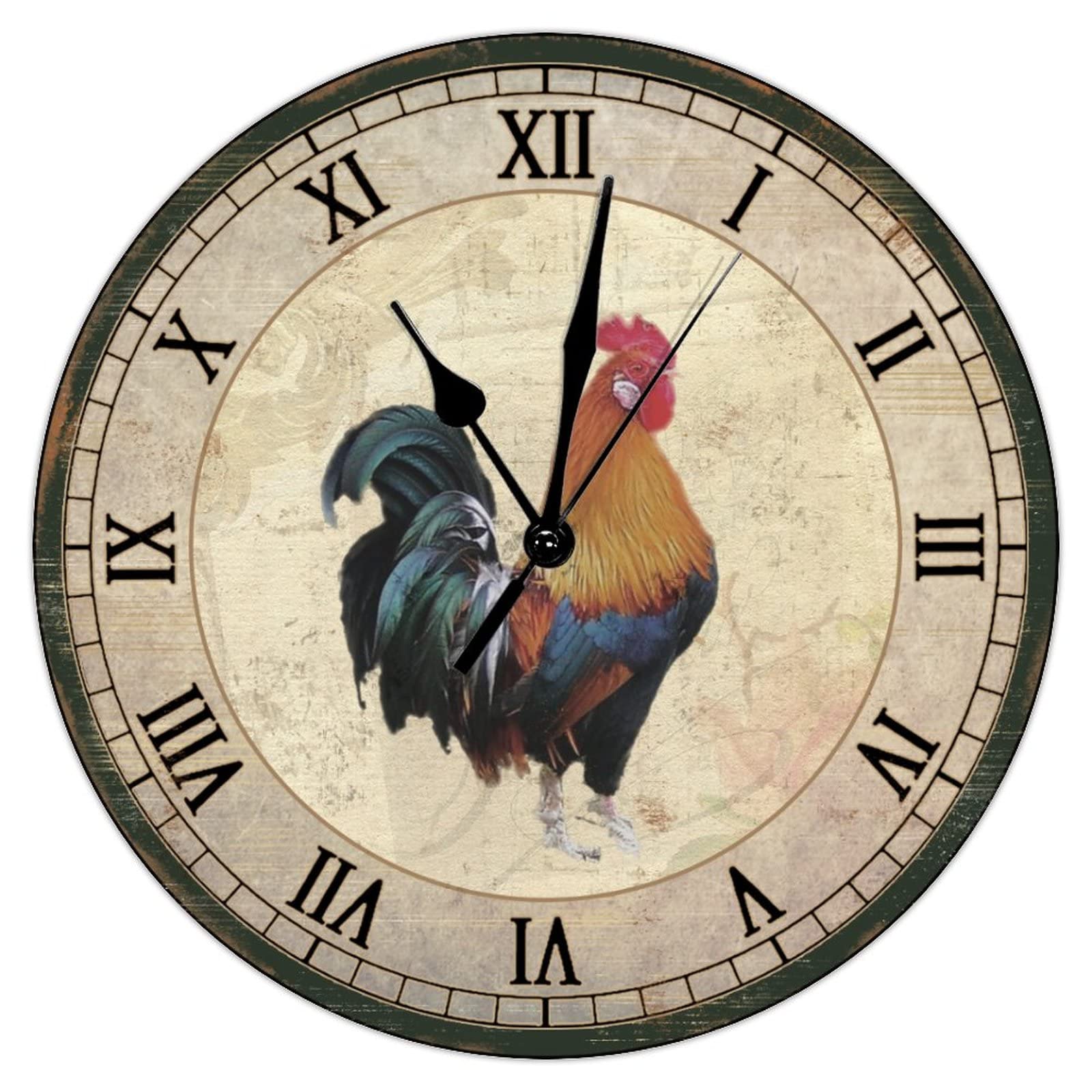 Horloge murale en bois silencieuse et sans tic-tac avec motif poule rétro