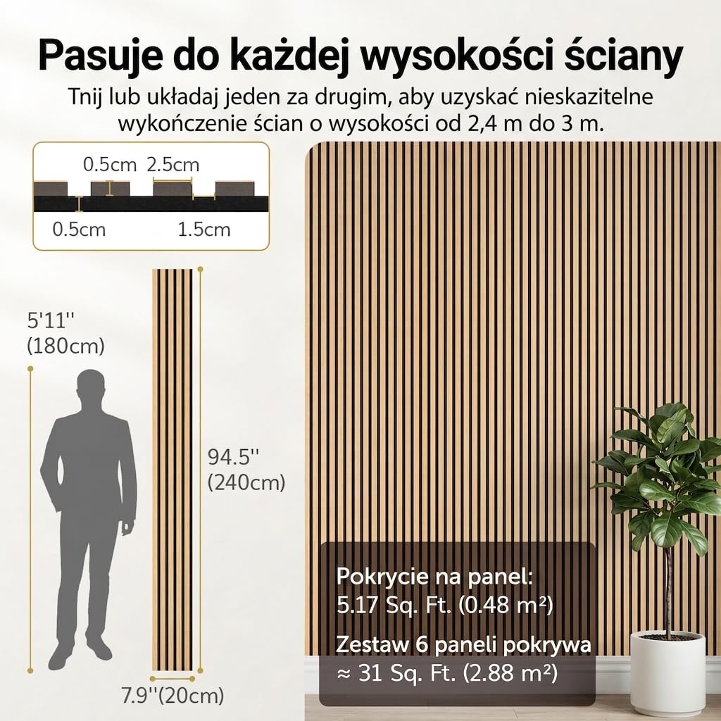 TONOR Drewniane panele akustyczne, 6 sztuk 240 x 20 cm – 2,88 m², panele ścienne, drewniane panele ścienne jako płyty wygłuszające, dekoracja ścienna z drewnianych lameli, izolacja akustyczna, do