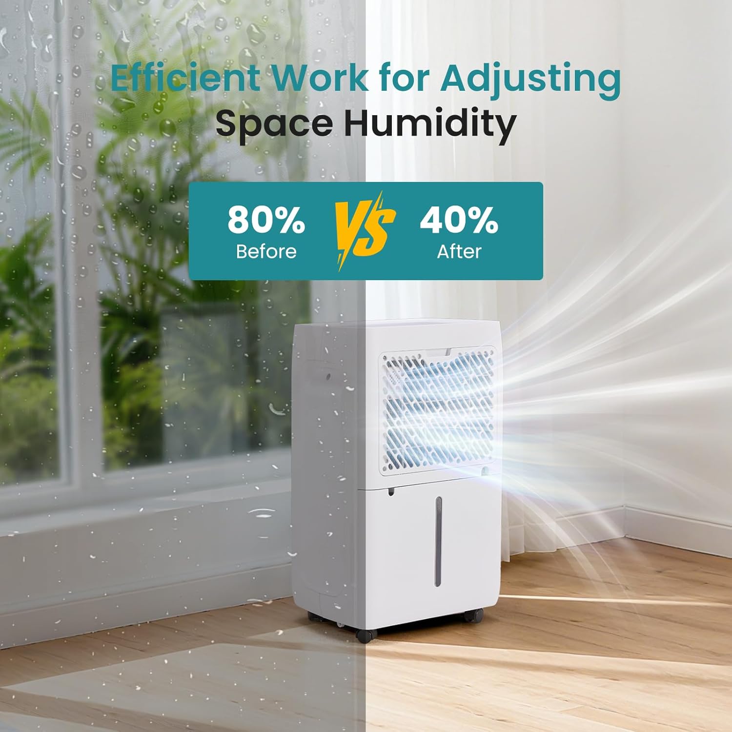 Dehumidifier adjusting space humidity from 80% to 40%