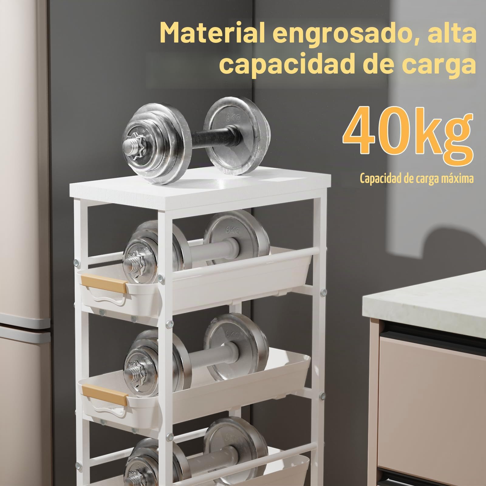 DROMEZ Carrito Auxiliar con Ruedas Estrecho 20 cm, 5 Niveles Metal Blanco | Carro Cocina con 4 Cajones, Tablero Superior y Frenos para Bano, Lavadero u Oficina Compacta, 38x20x81cm