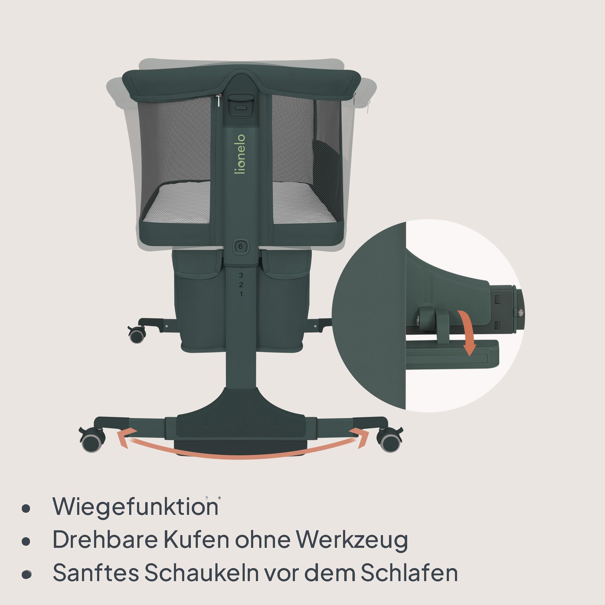 Lionelo Jodie Beistellbett 3in1, 6-Fach höhenverstellbar mit Neigungsverstellung für Boxspringbett, als Wiege & Babybett, Netzseiten, Rollen mit Bremse, Matratze, Gurte, Transporttasche, Moskitonetz