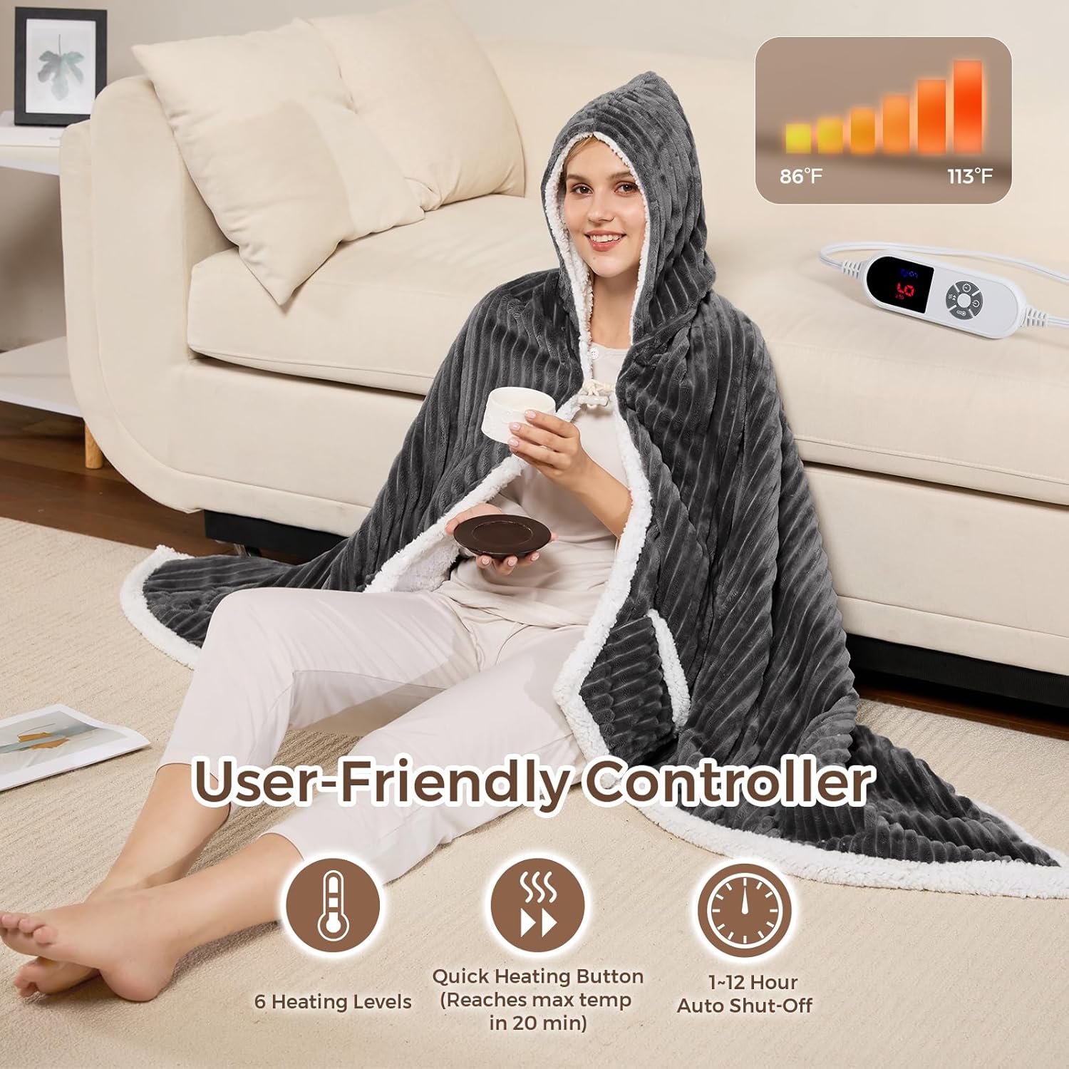 Electric Blanket Heated Throw, Soft Flannel & Sherpa Wearable Heated Blanket Hoodie, Heated Shawl Wraps for Gift with 6 Heating Levels & 12H Auto Off, ETL Certified, Home Office, 40x70 Inch, Dark Grey - Image 3