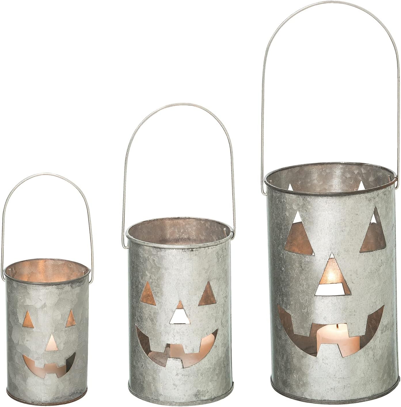 One Holiday Way Set of 3 Rustic Galvanized Metal Jack-o-Lantern Pumpkin Decorative Halloween LED Votive Candle Holder Lanterns - Indoor Outdoor Decoration - Spooky Country Farmhouse Party Home Decor