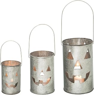 One Holiday Way Set of 3 Rustic Galvanized Metal Jack-o-Lantern Pumpkin Decorative Halloween LED Votive Candle Holder Lanterns - Indoor Outdoor Decoration - Spooky Country Farmhouse Party Home Decor