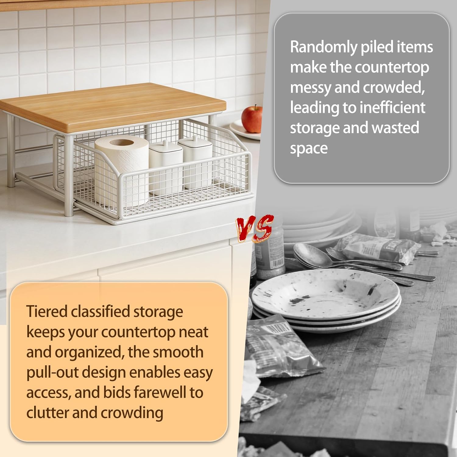 Kitchen Countertop Organizer with Drawer and Wire Basket, 2-Tier Hardwood Shelf for Microwave, Coffee Maker—Sliding Drawer for Fruit Storage, Space-Saving Kitchen Pantry Organizer with Counter Shelf