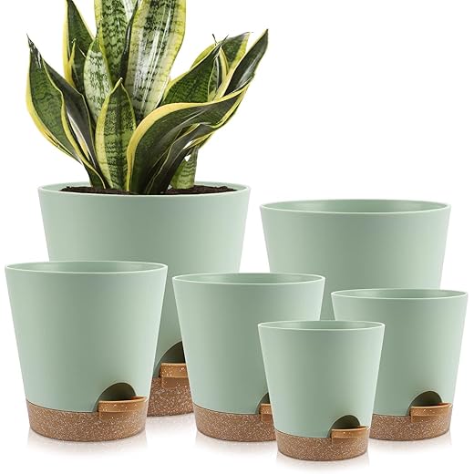 Indoor Self Watering Planters with Drainage Holes and Saucers, 8, 7, 6.5, 6, 5.5, 5 Inches, 6 Pots（Green+Brown