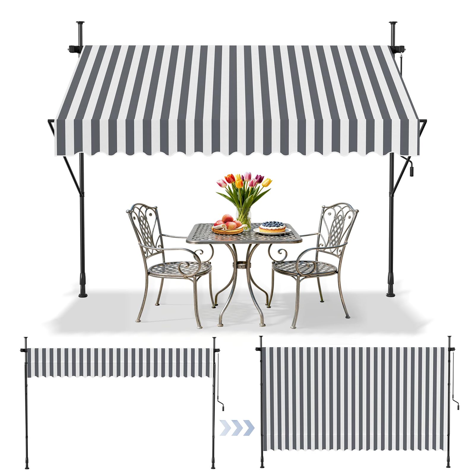 SAILUN Manual Adjustable Awning DIY Patio Clamp Awning Telescopic Canopy with Hand Crank Retractable Shade Shelter For Balcony Garden Patio (300x120cm, Grey Stripe) — image 1