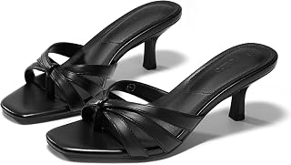 Coutgo Womens Strappy Kitten Heels Sandals Square Open Toe Flip Flops Slip On Slides Summer Dress Shoes