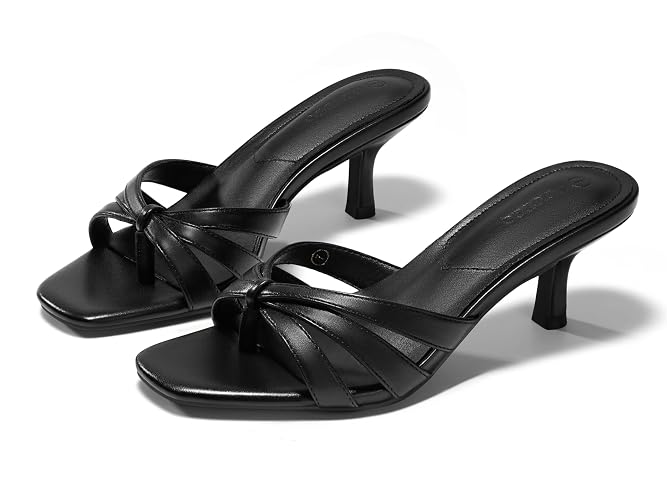 Coutgo Womens Strappy Kitten Heels Sandals Square Open Toe Flip Flops Slip On Slides Summer Dress Shoes - Black - 7