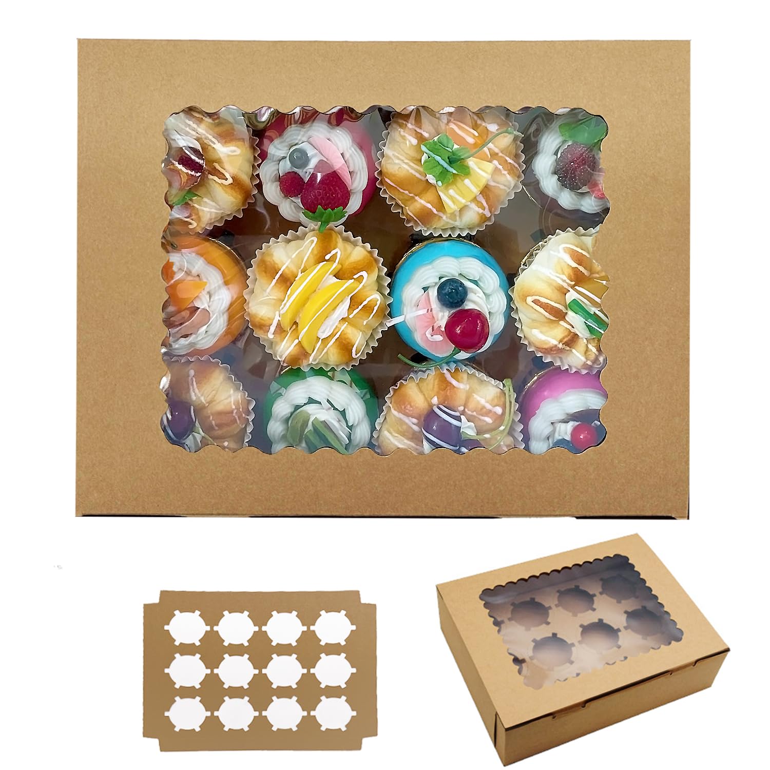 Cupcake Boxes Hold 12 Standard Cupcakes, 10 Sets Cupcake Containers with Windows and Inserts Cupcake Carrier Food Grade Kraft Cupcake Holders for Pastry Cookies Donut Makaron Bread Desserts Treat