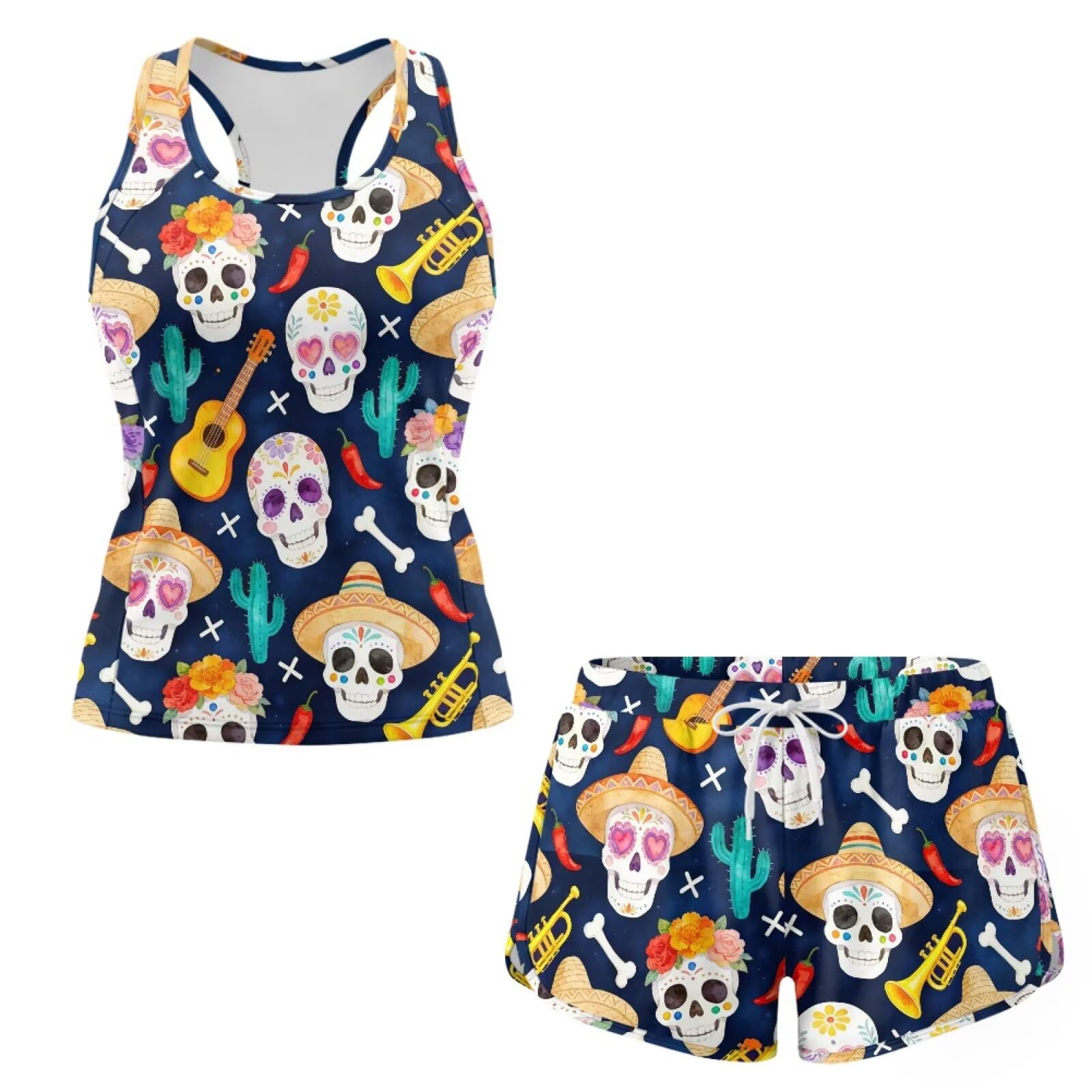 Xoenoiee Damskie zestawy tankini kontrola brzucha bluzka z dekoltem w kształcie litery U topy i kieszenie szorty kąpielowe, 2-częściowy strój kąpielowy S-6XL, Cukrowe czaszki Cinco De Mayo, 6XL